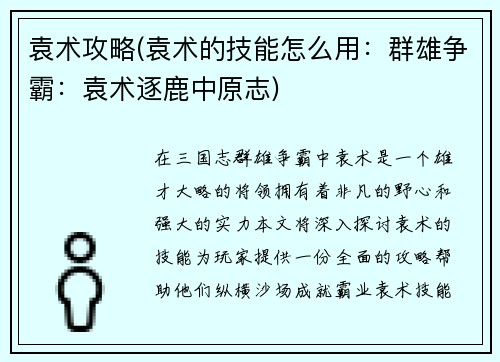 袁术攻略(袁术的技能怎么用：群雄争霸：袁术逐鹿中原志)